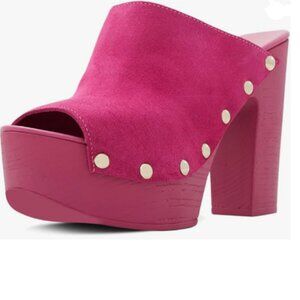 YDN Pink Peep Toe Studded Mules Platform Chunky High Heel Sandals Slip on Shoes